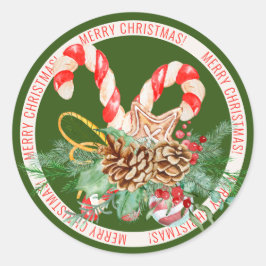 Candy Cane Merry Christmas Round Sticker