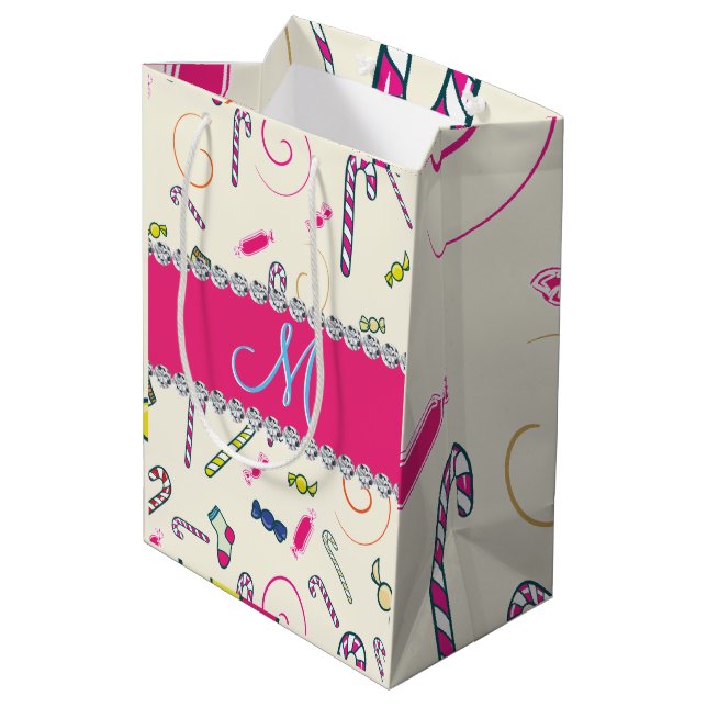 Candy Cane Monogram Mittlere Geschenktüte (Rückseite Schrägansicht)