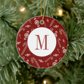 Candy Cane Peppermint Initial Monogram Christmas Keramik Ornament