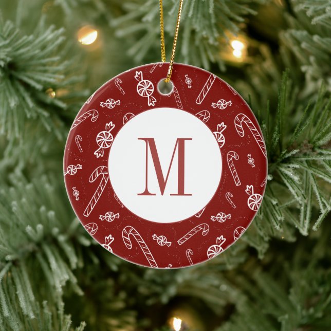 Candy Cane Peppermint Initial Monogram Christmas Keramik Ornament (Baum)