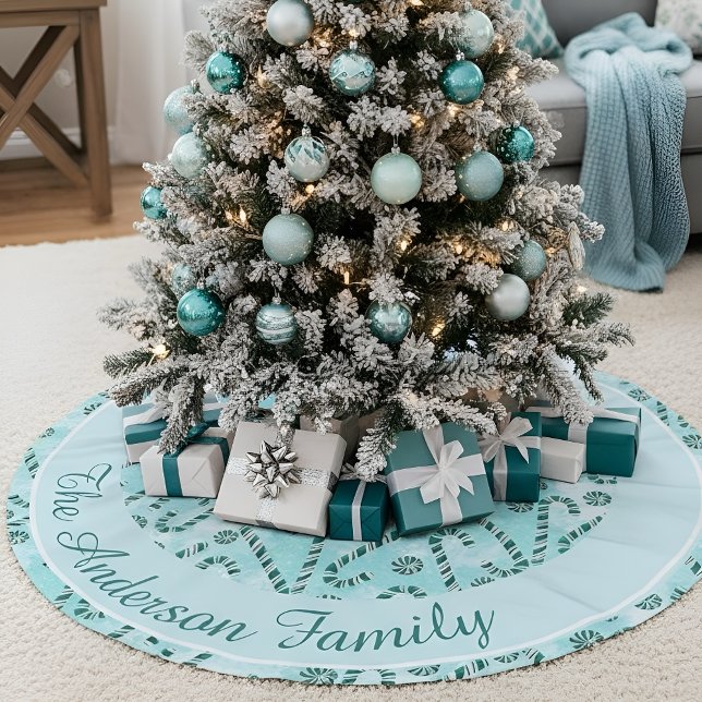 Candy Cane Peppermint Weihnachten Polyester Weihnachtsbaumdecke (Soft blue personalised Christmas design creating a calm, modern tree base for festive homes)