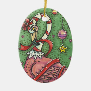 CANDY CANE PINK FLAMINGO CHRISTMAS ORNATIONAL KERAMIK ORNAMENT