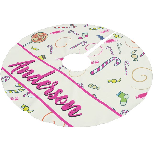 Candy Cane Pink Monogram Polyester Weihnachtsbaumdecke (Schrägansicht)