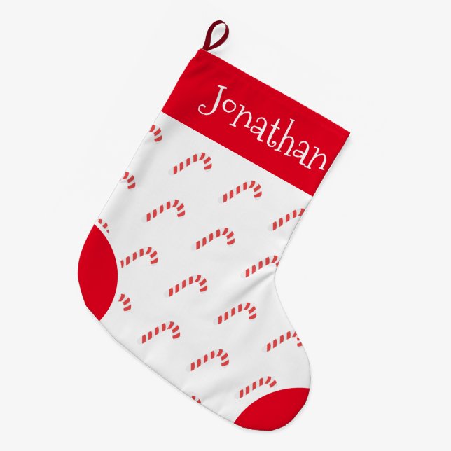 Candy Cane Red & White Typografy Name Großer Weihnachtsstrumpf (Vorderansicht (hängend))