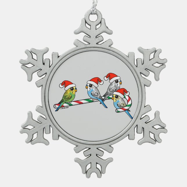 Candy Cane Santa Budgies Schneeflocken Zinn-Ornament (Vorderseite)