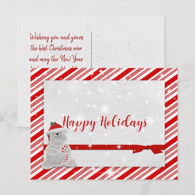 Candy Cane Streifen mit Polar Bear Ankündigungspostkarte (Vorne/Hinten)