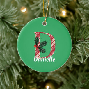 Candy Cane Stripe Letter D Christmas Keramik Ornament