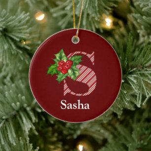 Candy Cane Stripe und Holly S Monogram Keramik Ornament