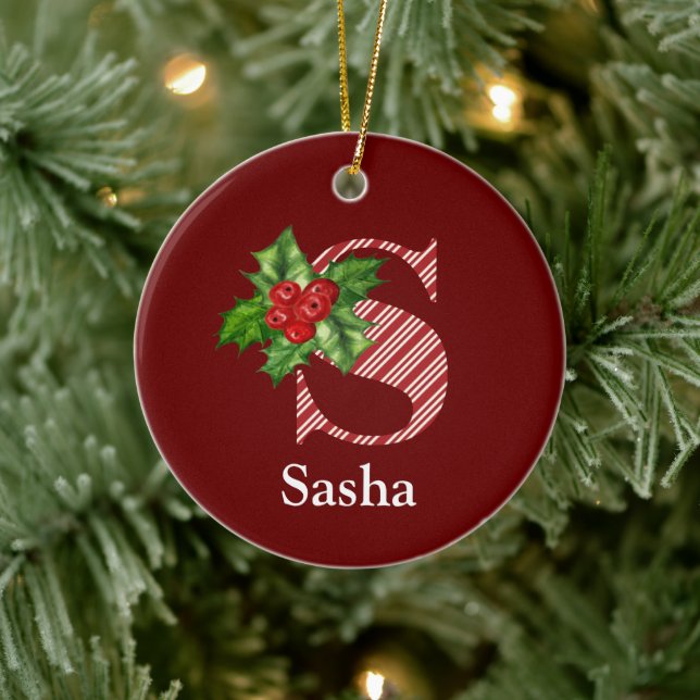 Candy Cane Stripe und Holly S Monogram Keramik Ornament (Baum)