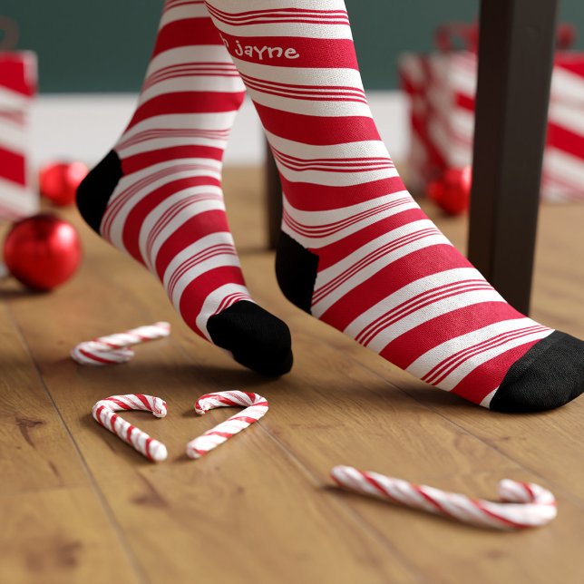 Candy Cane Striping Red and White Christmas Holida Socken (Fun and festive candy cane socks sweet enough to eat. Add your name (don't eat the socks please))