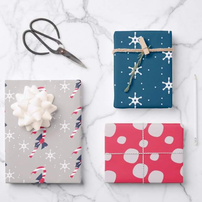 Candy Cane und Berry Snowflakes Weihnachtsfeiertag Geschenkpapier Set (Vorderseite)