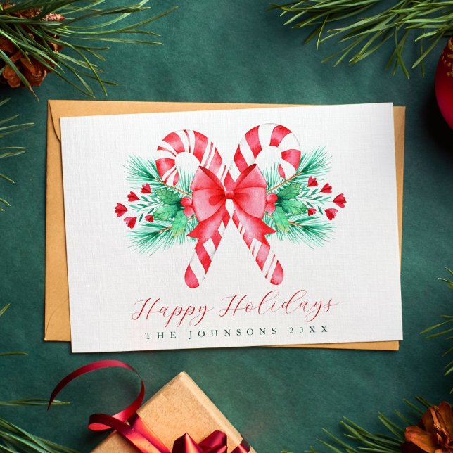 Candy Cane und Bow Weihnachten (Watercolor Candy Cane and Bow Christmas Holiday Card)