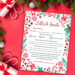 Candy Cane Watercolor Kinder Brief an Santa Maria