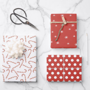 Candy Canes Dots and Snowflakes Rote Weihnachten Geschenkpapier Set