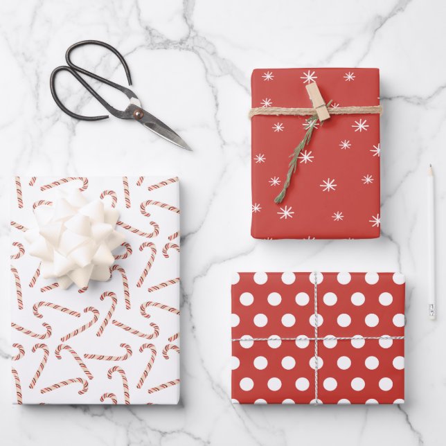 Candy Canes Dots and Snowflakes Rote Weihnachten Geschenkpapier Set (Vorderseite)