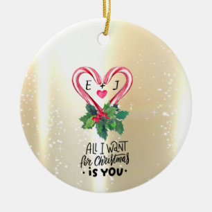 Candy Canes, Holly Berry, Gold, Monogramm Keramik Ornament