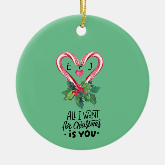 Candy Canes, Holly Berry, Liebe, Monogramm Keramik Ornament (Vorne)