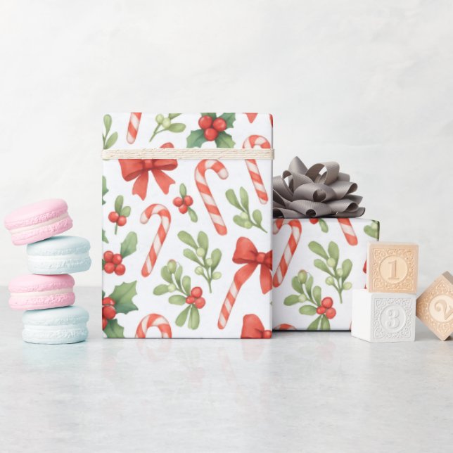 Candy Canes, Holly & Bows Wrapping Paper Geschenkpapier (Babyparty)