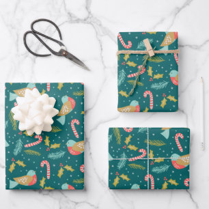 Candy Canes Holly Pine Boughds Birds Geschenkpapier Set