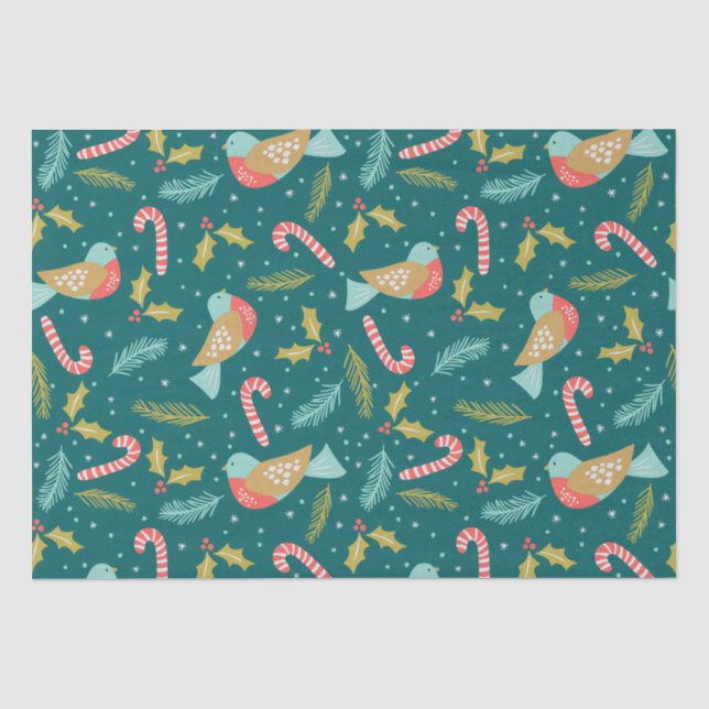 Candy Canes Holly Pine Boughds Birds Seidenpapier (Vorderseite)