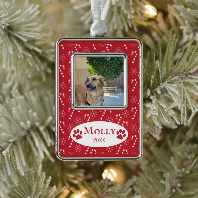 Candy Canes Muster Dog Foto Roter Gerahmter Orname Rahmen-Ornament Silber (Baum)