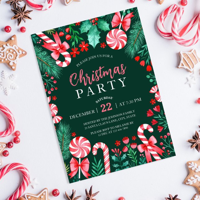 Candy Canes Peppermint Weihnachts-Party Einladung (Watercolor Peppermint Candy Canes Christmas Party Invitation)