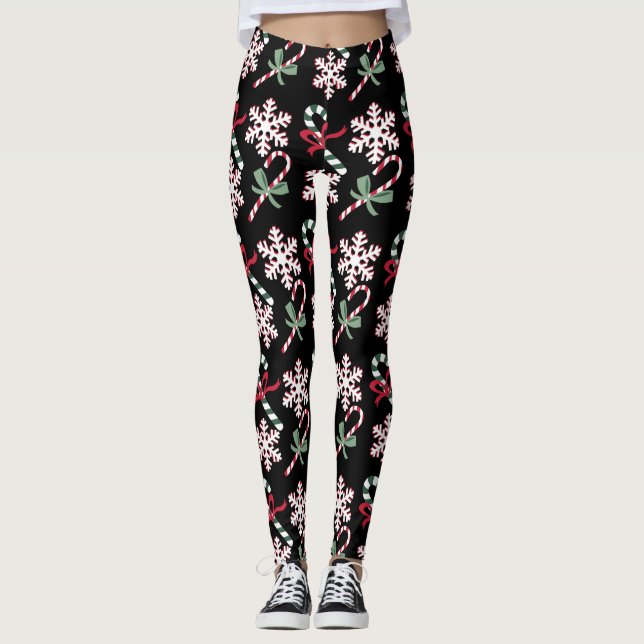Candy Canes & Snowflakes, auf schwarz Leggings (Vorderseite)