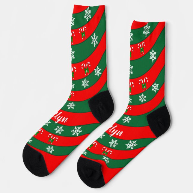Candy Canes & Snowflakes Rot & Grün Weihnachten Socken (Linkes Detail)