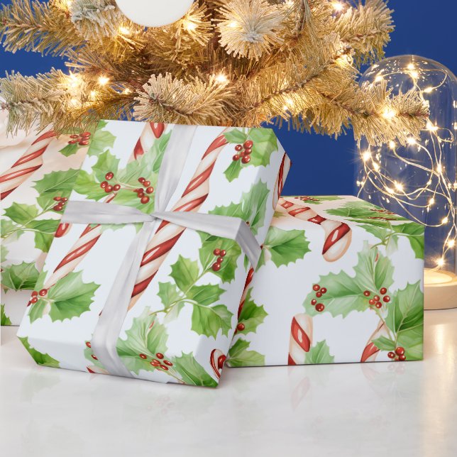 Candy Canes Winter Berries Grün Moderne Weihnachte Geschenkpapier (Feiertage)