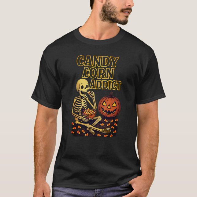 Candy Corn Addict Skeleton mit Pumpkin T-Shirt (Vorderseite)