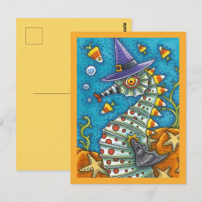 CANDY CORN SEEPFERD, UNTER DEM MEER HALLOWEEN FISC POSTKARTE (Vorne/Hinten)