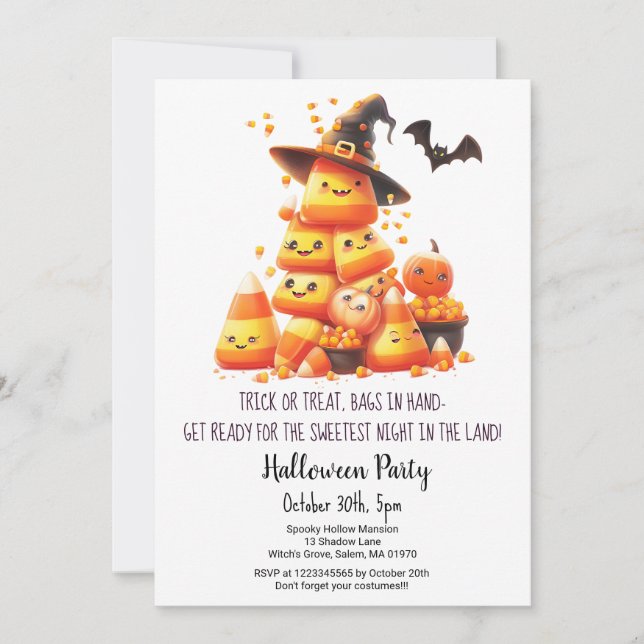 Candy Corn Trick oder Treat Pumpkins Halloween-Par Einladung (Vorderseite)