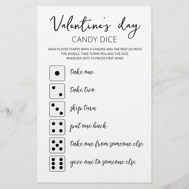 Candy Dice Editable Spiel Valentine's Day Party (Vorderseite)