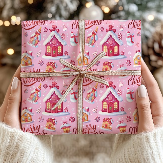 Candy Festive Whimsical Pink Frohe Weihnachten Geschenkpapier (Candy Festive Whimsical Pink Merry Christmas Wrapping Paper)