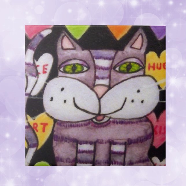 Candy Heart Lila Cat Valentine Fliese (Purple cat green eyes colouful candy hearts on black decorative ceramic tile.)
