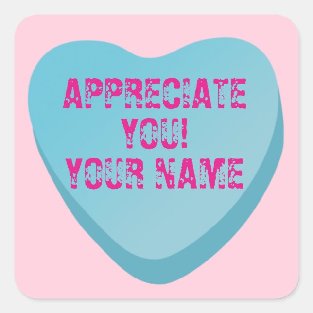 Candy Heart mit benutzerdefiniertem Text-Blue Hear Quadratischer Aufkleber (Vorderseite)