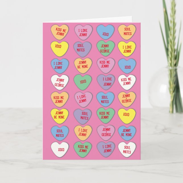 Candy Hearts Custom Messages Valentine Feiertagskarte (Vorderseite)