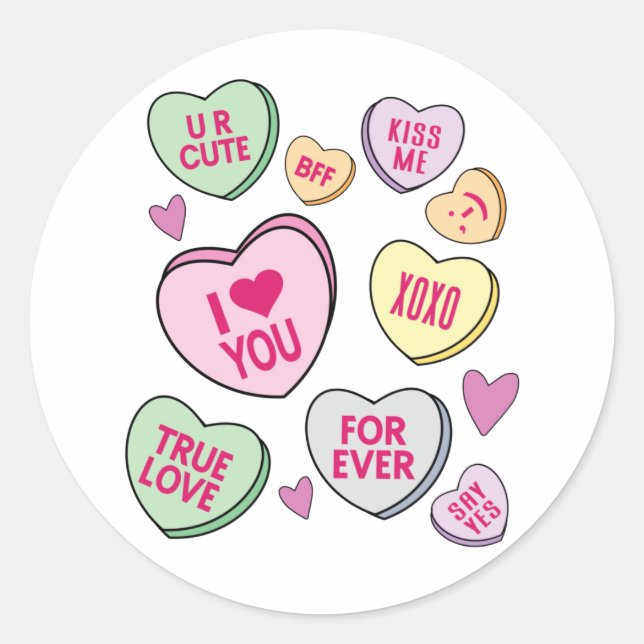 Candy Hearts Valentinstag Conversation Hearts Runder Aufkleber (Vorderseite)