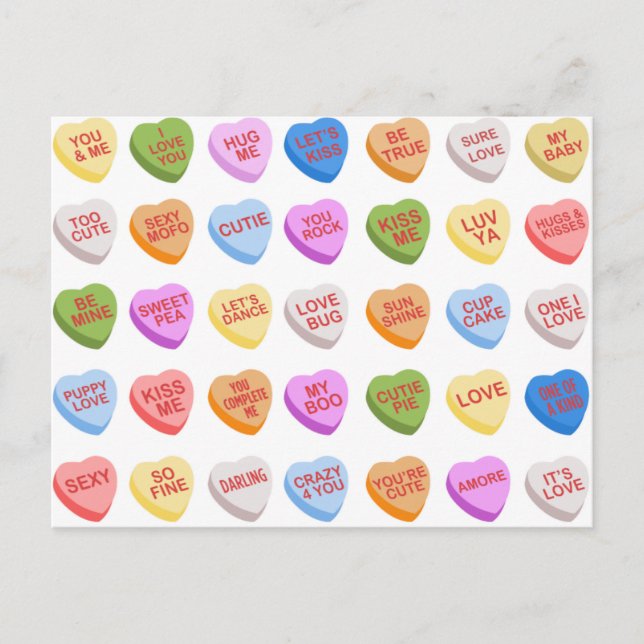 Candy Hearts Valentinstag Postkarte (Vorderseite)