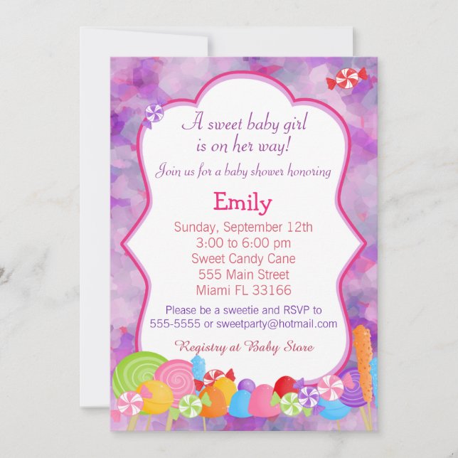 Candy Invitation Baby Dusche Pink Lila Einladung (Vorderseite)