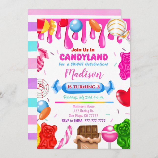 Candy Land Birthday Einladung (Vorne/Hinten)