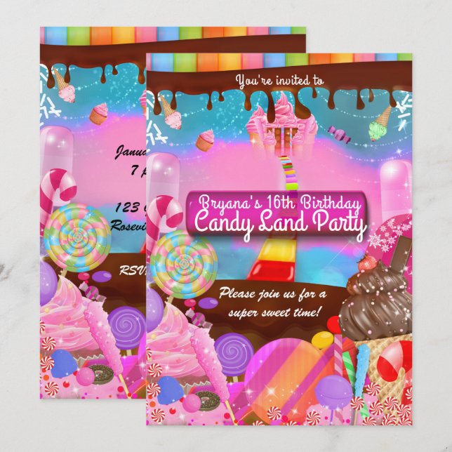 Candy Land Party Fantasy Geburtstag Personalisiert Einladung (Vorne/Hinten)