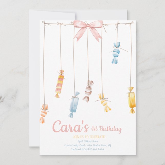 Candy Land Pink Erster Geburtstag Party Einladung (Vorderseite)