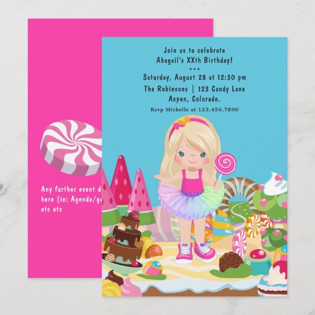 Candy Land Tutu Girl Geburtstagsparty Einladung (Vorne/Hinten)