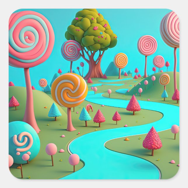 Candy Lane Lollipop Trees Gum Drop Forest farbenfr Quadratischer Aufkleber (Vorderseite)