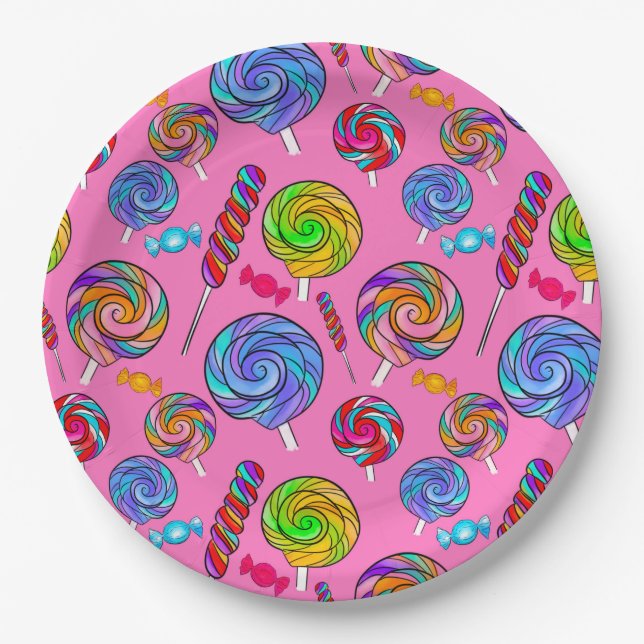 Candy Lollipop Fun Pink Rainbow Pappteller (Vorderseite)