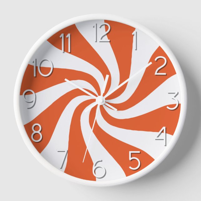 Candy Peppermint Swirl Orange und White Clock Uhr (Vorderseite)