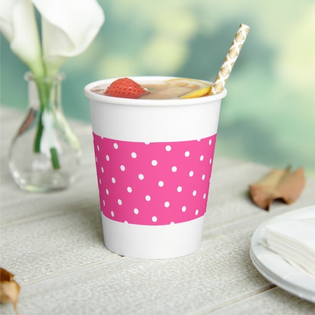 Candy Pink Polka Dotted Centre Streifen auf Weiß Pappbecher (In Situ)