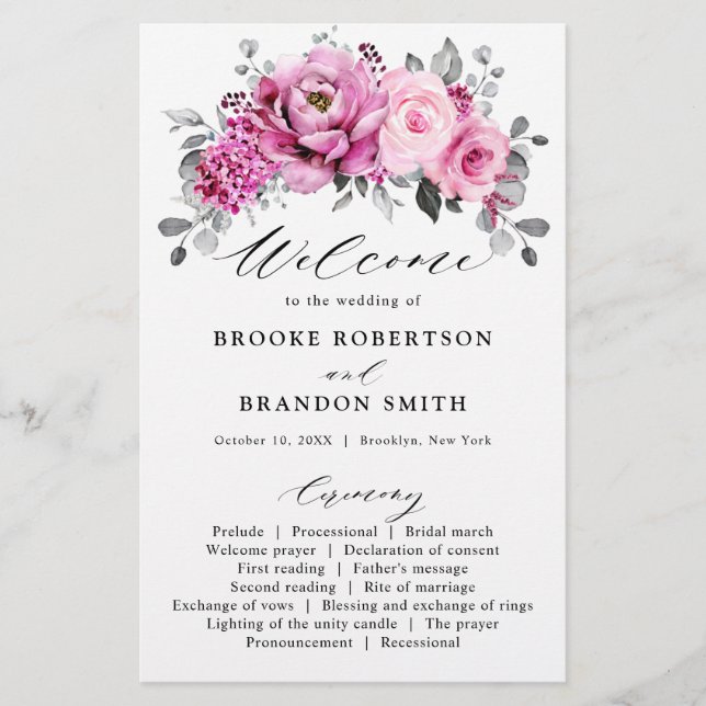 Candy Pink White Silver Floral Wedding Programm (Vorderseite)