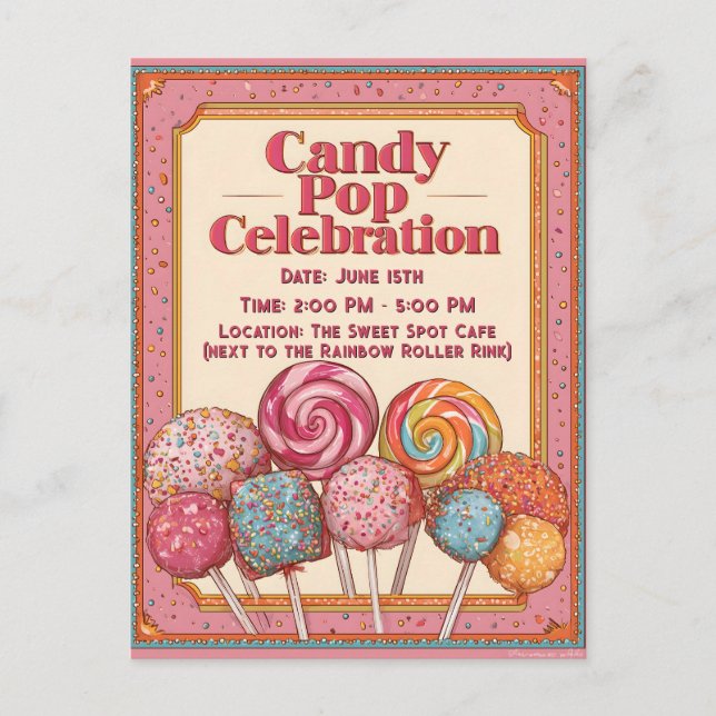 "Candy Pop Celebration" Einladung mit Lollipops (Vorderseite)